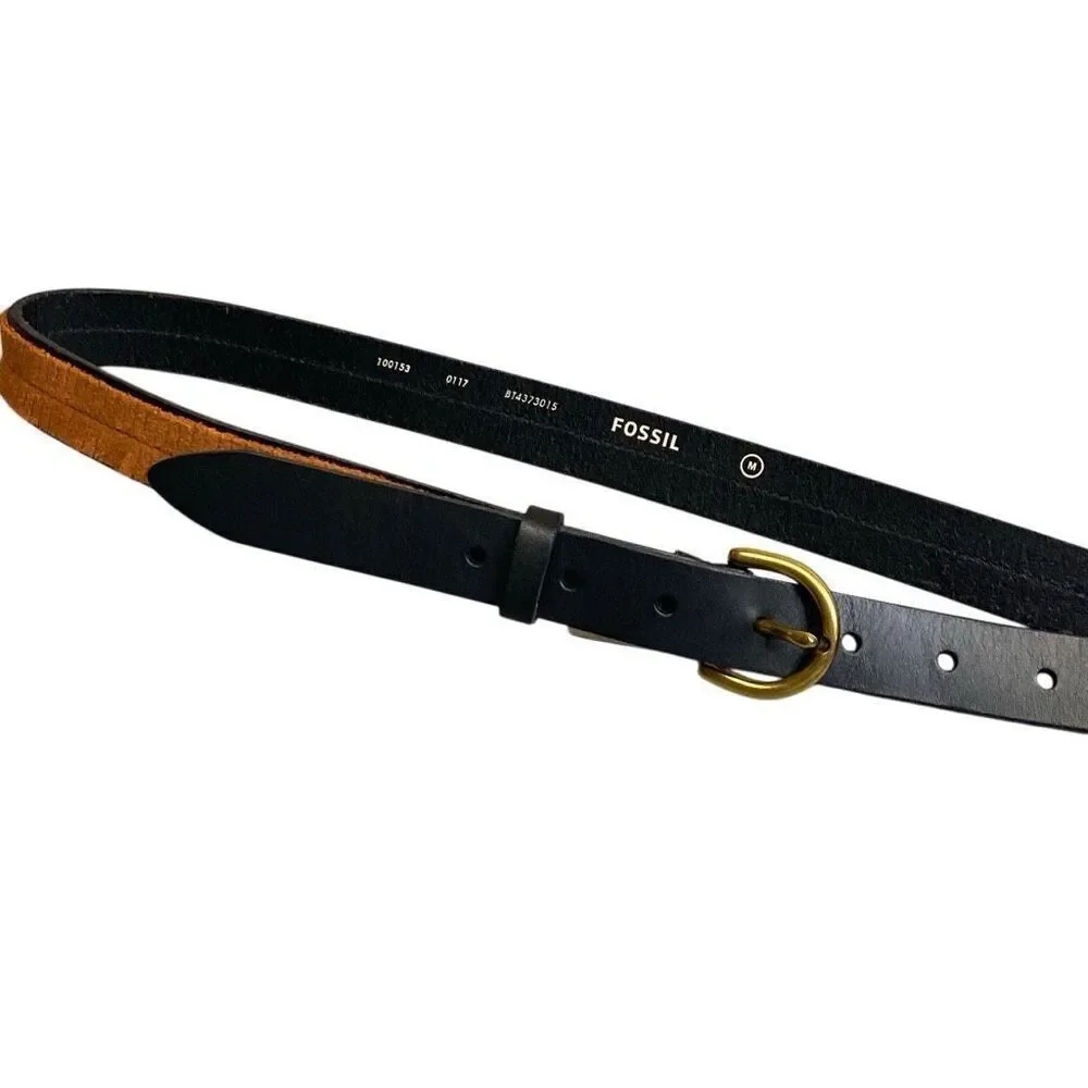 NEW Fossil Leather Belt Fringe Skinny Black Brown Size Medium Womens